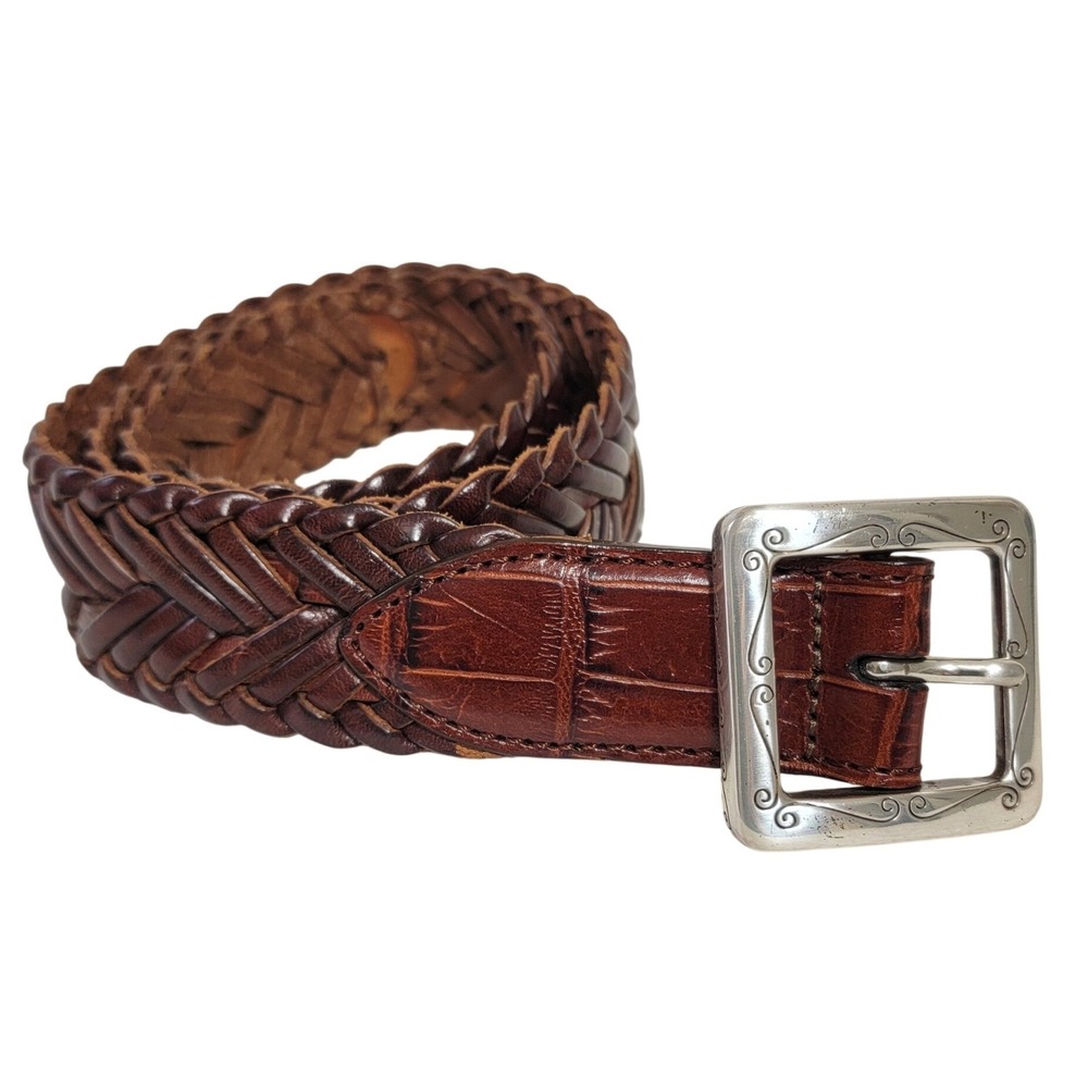 Brighton Mens Brown Braided Leather Belt Engraved Silver‎ Buckle Q6607 Size 28